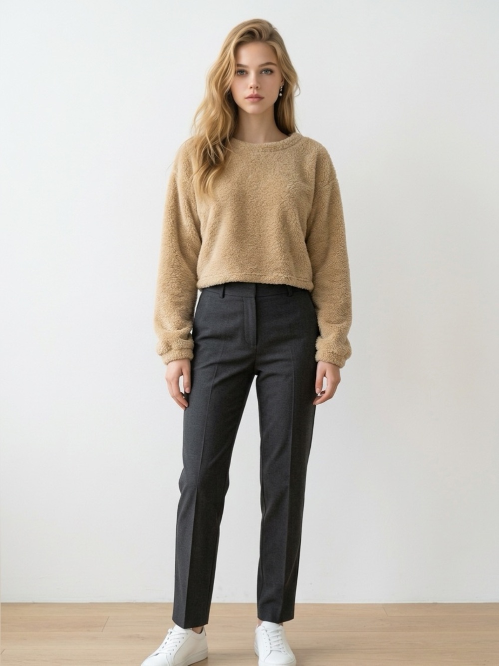 NWT Zaful Beige Fuzzy "Forever Young" Cropped Pullover Top Women’s Small